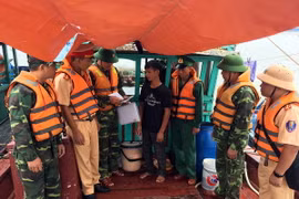 Lực lượng chức năng lập biển bản chủ tàu Vũ Văn Tiến. (Ảnh: Nguyễn Hoàng/TTXVN)