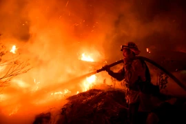 Nhân viên cứu hỏa dập lửa cháy rừng tại Santa Paula, Ventura, Mỹ ngày 5/12. (Nguồn: THX/TTXVN)