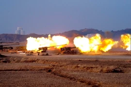 Đơn vị pháo binh số 681 của Quân đội Nhân dân Triều Tiên huấn luyện tại một địa điểm bí mật ở lãnh thổ nước này. (Nguồn: EPA/TTXVN)