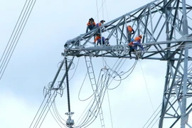 Đấu nối vị trí cột số 1 tại Trung tâm Nhiệt điện Vĩnh Tân. (Ảnh: Ngọc Hà/TTXVN)