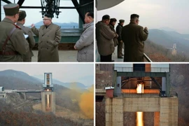 Nhà lãnh đạo Triều Tiên Kim Jong-un theo dõi vụ thử động cơ tên lửa ở bãi phóng vệ tinh Sohae. (Nguồn: YONHAP/TTXVN)