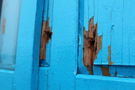 Tàu cá QNg 96677 TS bị tàu nước ngoài bắn với nhiều vết thủng. (Ảnh: TTXVN)