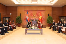 Chủ tịch Quốc hội Nguyễn Thị Kim Ngân tiếp Chủ tịch Quốc hội Vương quốc Campuchia Heng Samrin. (Ảnh: Trọng Đức/TTXVN) 