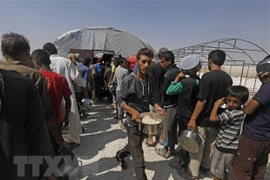 Người tị nạn Syria xếp hàng nhận thức ăn cứu trợ tại một trại tạm ở Ras al-Ain, giáp giới với Thổ Nhĩ Kỳ. (Nguồn: AFP/TTXVN)