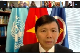 Đại sứ Đặng Đình Quý, Trưởng Phái đoàn đại diện thường trực Việt Nam tại Liên hợp quốc phát biểu tại buổi lễ kỷ niệm. (Ảnh: Hữu Thanh/TTXVN)