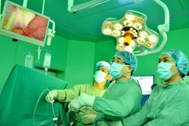 Trình diễn kỹ thuật cắt gan nội soi tại Hội nghị. (Ảnh: Đinh Hằng/TTXVN)