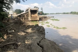 Hiện trường tình trạng sạt lở tại bờ Tây sông Châu Đốc, đoạn thuộc tổ 3, ấp Vĩnh An, xã Vĩnh Hội Đông, huyện An Phú. (Ảnh: Công Mạo/TTXVN)