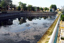 Nước trên kênh hào thành cổ Vinh có một màu đen ngòm, đóng váng, bốc mùi rất hôi thối. (Ảnh: Tá Chuyên/TTXVN)