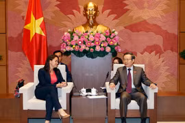 Phó Chủ tịch Quốc hội Phùng Quốc Hiển tiếp bà Novak Katalin. (Ảnh: Phạm Kiên/TTXVN)