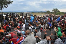 Người di cư chờ đợi tại thị trấn biên giới Idomeni, miền bắc Hy Lạp để được làm thủ tục nhập cảnh vào Macedonia ngày 7/9. (Nguồn: AFP/TTXVN)