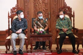 Đại sứ Việt Nam tại Indonesia Phạm Vinh Quang trao đổi và làm việc với Thống đốc Bali Wayan Koster. (Ảnh: TTXVN phát)
