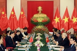 Tổng Bí thư Nguyễn Phú Trọng hội đàm với Tổng Bí thư, Chủ tịch nước Trung Quốc Tập Cận Bình. (Ảnh: Phạm Kiên/TTXVN)