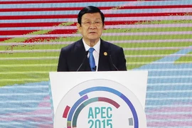 Chủ tịch nước Trương Tấn Sang phát biểu tại phiên họp thứ 6 của các nhà Lãnh đạo Doanh nghiệp APEC. (Ảnh: Nguyễn Khang/TTXVN) 