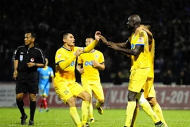 Cầu thủ FLC Thanh Hóa ăn mừng bàn thắng trong một trận đấu. (Nguồn: TTXVN)