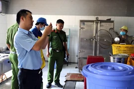 Đoàn kiểm tra an toàn vệ sinh thực phẩm tỉnh Bến Tre kiểm tra bếp ăn tại Công ty trách nhiệm hữu hạn một thành viên Pungkook. (Ảnh: Trần Thị Thu Hiền/TTXVN)