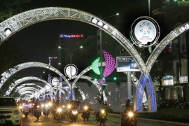 Cổng chào với biểu tượng của Tuần lễ cấp cao APEC 2017 được trang trí trên các tuyến đường tại Đà Nẵng. (Ảnh: Trần Lê Lâm/TTXVN) 