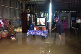 Nhà dân bị cô lập trong lũ. (Ảnh: Hồ Cầu/TTXVN)