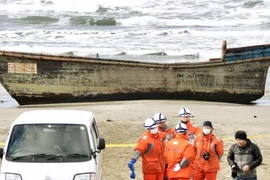 Một chiếc thuyền gỗ trôi dạt vào bờ biển Nhật Bản. (Nguồn: Reuters)