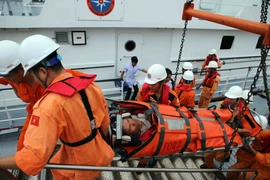 Chuyển nạn nhân từ tàu SAR 412 lên bờ. (Ảnh: Trần Lê/Vietnam+)