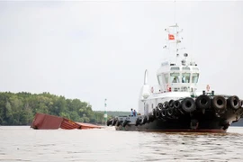 Phương tiện lai dắt container vào tập kết gần bờ, tạo thông thoáng cho lòng sông Lòng Tàu. (Ảnh: Tiến Lực/TTXVN)