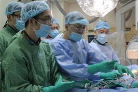 Các bác sỹ Bệnh viện Đại học Y dược Thành phố Hồ Chí Minh thực hiện thay van động mạch chủ qua da cho bệnh nhân. (Ảnh: TTXVN phát)