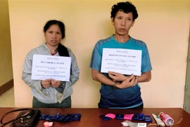 Hai đối tượng Thào Xuân Lâu (phải) và Mùa Thị Dúa cùng tang vật vụ án. (Ảnh: TTXVN phát)