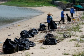 Công nhân dọn rác được dạt vào bờ trên bãi biển Nim Shue Wan, đảo Lantau của Hong Kong. (Nguồn: Reuters/Chinadaily)