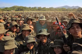 Tổng thống Nicolas Maduro (giữa) chụp ảnh với các binh sỹ trong chuyến thị sát cuộc diễn tập của Lực lượng vũ trang quốc gia Bolivar (FANB) tại thành phố El Pao, Venezuela. (Ảnh: AFP/TTXVN)