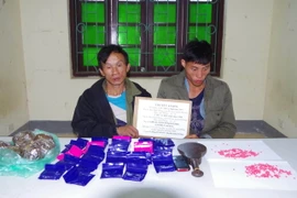 Hai đối tượng Ly A Súa và Hùa A Chớ bị bắt cùng tang vật vụ án tại cơ quan điều tra. (Ảnh: Xuân Tiến/TTXVN)