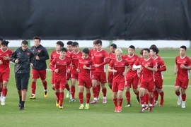 Các cầu tuyển thủ Việt Nam trên sân tập. (Ảnh: Hoàng Linh/TTXVN)