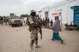 Binh sỹ Nigeria tuần tra tại thị trấn Banki. (Ảnh: AFP/TTXVN)