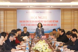 Bà Trương Thị Mai, Ủy viên Bộ Chính trị, Bí thư Trung ương Đảng, Trưởng Ban Dân vận Trung ương chủ trì Hội nghị. (Ảnh: Phương Hoa/TTXVN)