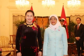Chủ tịch Quốc hội Nguyễn Thị Kim Ngân đến chào xã giao Tổng thống Singapore Haliman Yacob. (Ảnh: Trọng Đức/TTXVN)