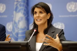 Đại sứ Mỹ tại Liên hợp quốc Nikki Haley phát biểu tại phiên họp của Hội đồng Bảo an Liên hợp quốc ở New York, Mỹ ngày 4/9. (Nguồn: THX/TTXVN)