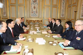 Tổng Bí thư Nguyễn Phú Trọng hội đàm với Tổng thống Cộng hòa Pháp Emmanuel Macron. (Ảnh: Trí Dũng/TTXVN)