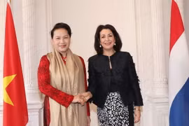 Chủ tịch Hạ viện Hà Lan Khadija Arib đón Chủ tịch Quốc hội Nguyễn Thị Kim Ngân. (Ảnh: Trọng Đức/TTXVN) 