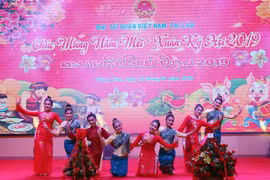 Tiết mục múa tập thể ca ngợi tình đoàn kết Việt Nam-Lào. (Ảnh: Xuân Tú/TTXVN) 