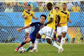 Pha tranh bóng giữa cầu thủ Nhật Bản Makoto Hasebe (trái, trước) và cầu thủ Colombia Adrian Ramos (phải, trước) trong trận đấu bảng C Vòng chung kết World Cup 2014. (Nguồn: THX/TTXVN)