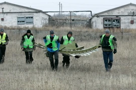 Lực lượng chức năng làm việc tại hiện trường vụ rơi máy bay. (Nguồn: THX/TTXVN)