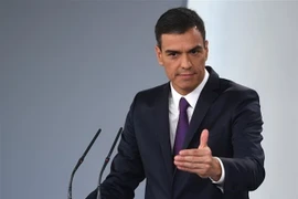 Thủ tướng Tây Ban Nha Pedro Sanchez tại cuộc họp báo ở Madrid. (Nguồn: AFP/TTXVN)