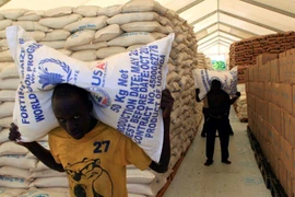 Người dân nhận hỗ trợ thực phẩm được phân phối bởi Chương trình Lương thực Thế giới. (Nguồn: Reuters) 