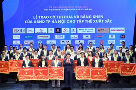 Chủ tịch Ủy ban Nhân dân thành phố Hà Nội Nguyễn Đức Chung trao bằng khen của thành phố cho các doanh nghiệp đạt thành tích xuất sắc. (Ảnh: Danh Lam/TTXVN) 