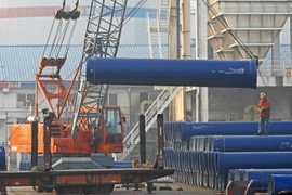 Vận chuyển ống thép tại cảng ở Liên Vận Cảng, tỉnh Giang Tô, Trung Quốc ngày 1/1. (Nguồn: AFP/TTXVN)