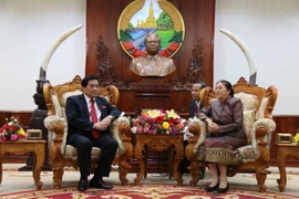 Ông Hà Ngọc Chiến, Ủy viên Trung ương Đảng, Ủy viên Ban Thường vụ, Chủ tịch Hội đồng Dân tộc của Quốc hội và Chủ tịch Quốc hội Lào, bà Pany Yathotou. (Ảnh: Phạm Kiên/TTXVN)