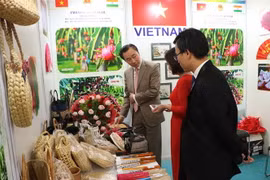 Đại sứ Việt Nam tại Ấn Độ Phạm Sanh Châu tham quan gian hàng của Việt Nam. (Ảnh: Huy Lê/TTXVN) 