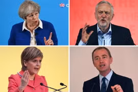 Thủ tướng Anh Theresa May (trên, trái), Chủ tịch Công đảng đối lập Jeremy Corbyn (trên, phải), Thủ hiến Scotland đồng thời là Lãnh đạo Đảng Dân tộc Scotland Nicola Sturgeon (dưới, trái) và Lãnh đạo Đảng Dân chủ tự do Tim Farron. (Nguồn: