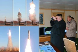 Nhà lãnh đạo Triều Tiên Kim Jong-un giám sát vụ phóng tên lửa đất đối đất Pukguksong-2 tại căn cứ không quân Banghyon ngày 12/2. (Nguồn: Yonhap/TTXVN)