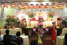 Múa dâng Phật do Câu lạc bộ thiếu nhi Họa My trình diễn. (Ảnh: Trần Quang Vinh/TTXVN)