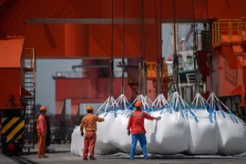 Hóa chất xuất khẩu của Trung Quốc được bốc dỡ tại kho cảng ở Trương Gia Cảng, thành phố Tô Châu, tỉnh Giang Tô, miền Đông Trung Quốc ngày 7/8. (Nguồn: AFP/TTXVN)