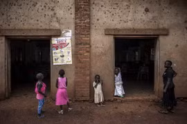Trẻ em Congo chăm chú đọc tờ ápphích giải thích các triệu chứng của bệnh Ebola tại Mangina, tỉnh Bắc Kivu ngày 19/8. (Nguồn: AFP/TTXVN)